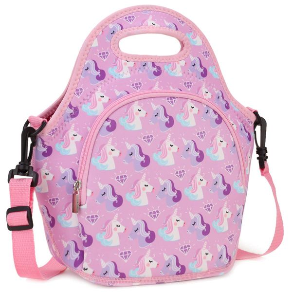 VX VONXURY Lunch Bag for Girls,Neoprene Small Lunch Box Bag for Kids Insulated Thermal Lunch Tote with Removable Shoulder Strap, Unicorn