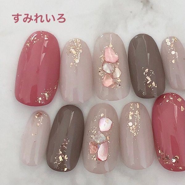 Nail tips False nails Design nails Cute Short Long Bridal Autumn nails Nail Presents Short nails Small nails Large nails Very short Chibi nails Adult nails False nails Office nails Simple<br> [1693] Rose brown shine glitter shell b/ju