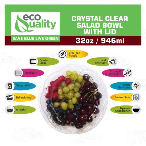 32oz Clear Disposable Salad Bowls with Lids (100 Pack) - Clear Plastic Disposable Salad Containers for Lunch To-Go, Salads, Fruits, Airtight, Leak Proof, Fresh, Meal Prep | Rose Bowl Container (32oz)