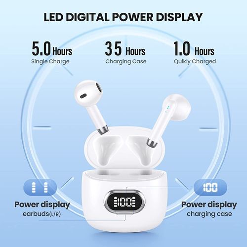 Wireless Earbuds for iPhone 13 Bluetooth 5.3 Headphones with LED Display Charging Case, Waterproof IPX7 Hands-Free Headset with Mic, Hi-Fi Stereo Sound, Touch Control - White