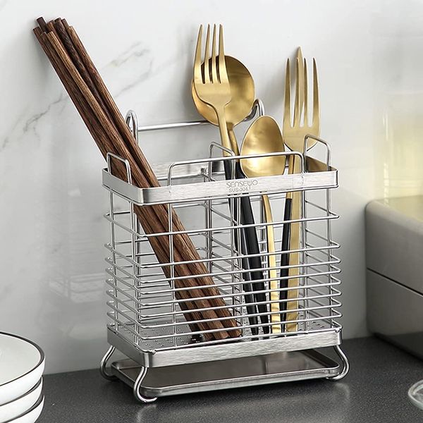 kaileyouxiangongsi 304 Stainless Steel Hanging 2 Compartments Mesh Utensil Drying Rack/Chopsticks/Spoon/Fork/Knife Drainer Basket Flatware Storage Drainer (Square)