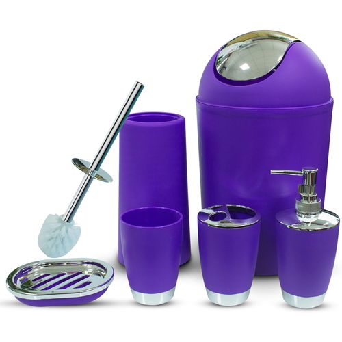 besaset Bathroom Accessories Set 6 Pieces Plastic Bathroom Accessories Toothbrush Holder, Rinse Cup, Soap Dish, Hand Sanitizer Bottle, Waste Bin, Toilet Brush with Holder (Purple)