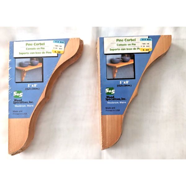 NEW Pair of S&S Wood Specialties PINE WOOD CORBELS 5" x 8" Shelf Brackets USA