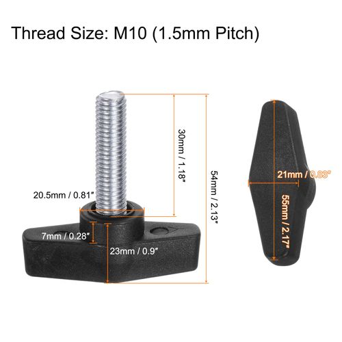 HARFINGTON 2pcs Tee Wing Knobs M10 x 30mm Metric Male Threaded Stud 55mm T Head Plastic Knob Handles Thumb Screws Hand Clamping Tightening Knob Grip Thumbscrew, Black