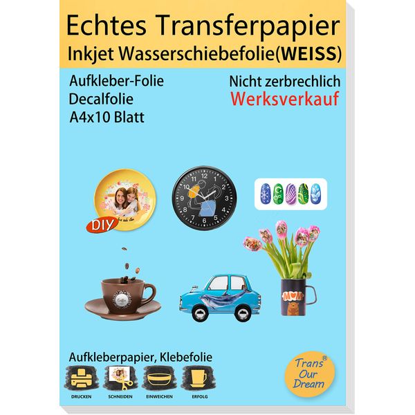 TransOurDream A4X10 Blatt, ECHTE Inkjet Wasserschiebefolie(WEISS),für Tintenstrahldrucker,Kerzentattoos,für Nagelkunst,Tassen,Keramik, Glas, Metall, Nassschiebefolie,water slide paper