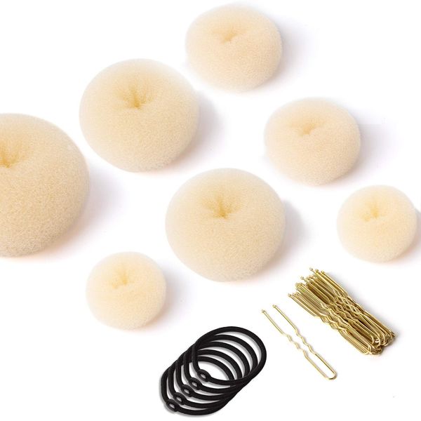 Donut Hair Bun Maker Set 7 Stück - Frisurenhilfe Set mit 5 elastischen Haarband, 20 U-Form Haarspange Haarnadel, Haarknoten Former Set für Kinder Mädchen Frauen (Beige)