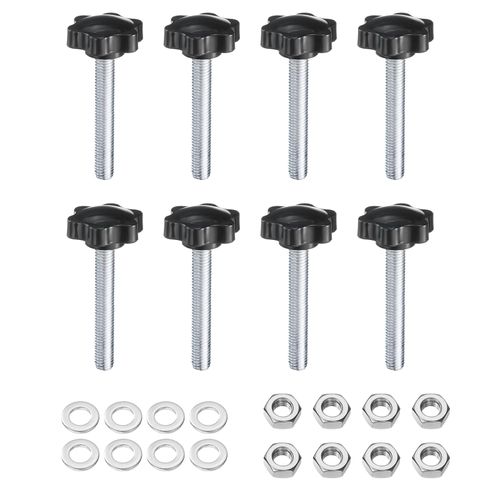 uxcell 8pcs Star Clamping Knobs with Nuts Washers, M10 x 60mm Metric Zinc Plated Carbon Steel Male Thread 38mm 6-Star Plastic Head, Threaded Stud Hand Knobs Handles Thumb Screws, Black
