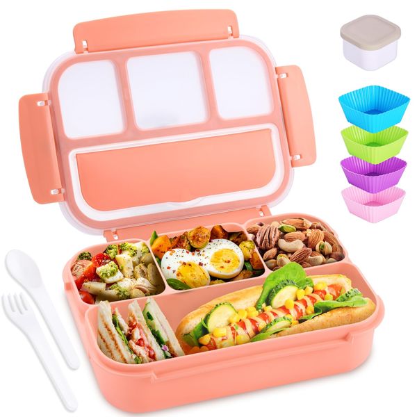 Bento Box Adult Lunch Box, Lunch Containers for Kids Girls Boys with 4 Compartments, Lunchable Food Container with Utensils, Sauce Jar, Muffin Liners, 40 Oz/5 Cup, Microwave & Dishwasher Safe, Pink