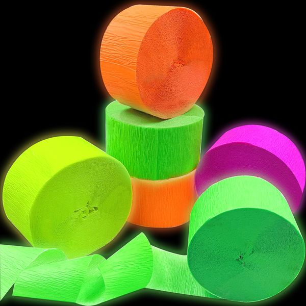 420feet Blacklight Party Streamer Decorations 4 Rolls Glow Crepe Paper UV Reactive Fluorescent Neon Paper Streamers Glow Party Supplies and Decorations for Wedding, Birthday, Neon Party, Fiesta Party