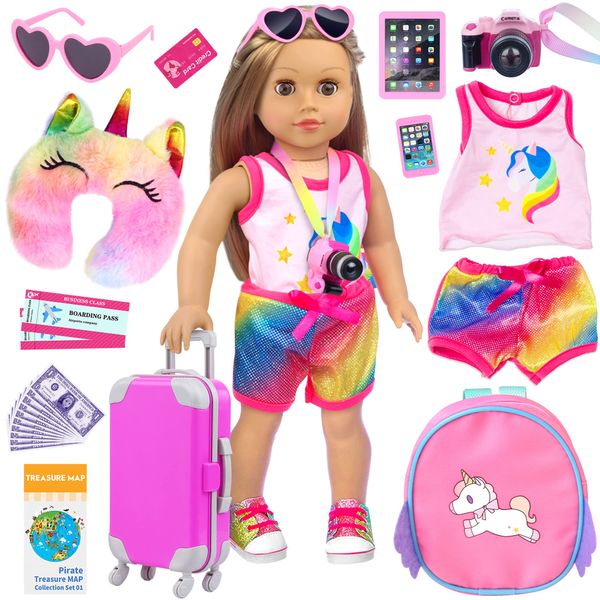 ZITA ELEMENT 24 Pcs 18 Inch American Doll Accessories Clothes and Suitcase Set Including 18 Inch Doll Clothes Suitcase Backpack and Other Travel Set