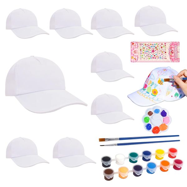 Tulov 10 Stück DIY Kappe Kinder, Weiß DIY Baseballcap Kinder Kappen mit 12 Farben & Pinseln & Palette & bunten Aufklebern, Kappen zum Bemalen Kinder eignet sich als Geschenk für Kinder