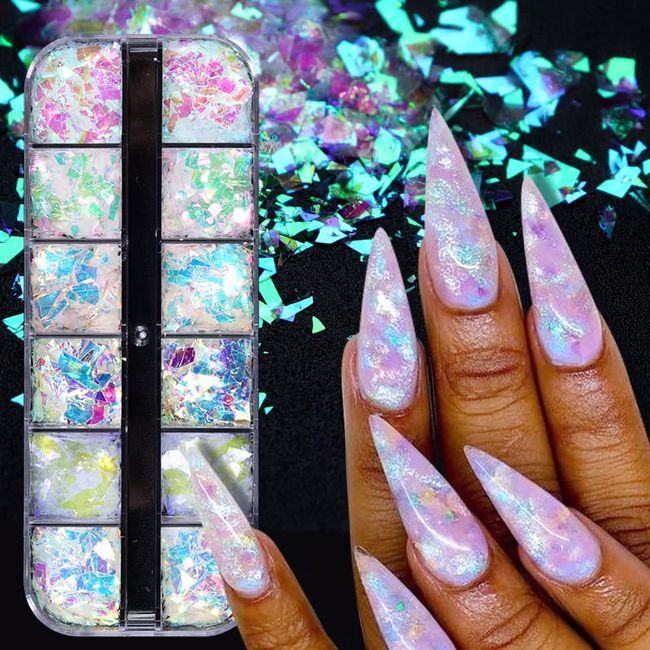 Holographic Mermaid Nail Art Glitter Flakes JMEOWIO 12 Grids Holographic Nail Foil Gradient Bright Iridescent Ice Slag Nail Sequins Paillettes Summer Nail Art Decoration for Women Girls