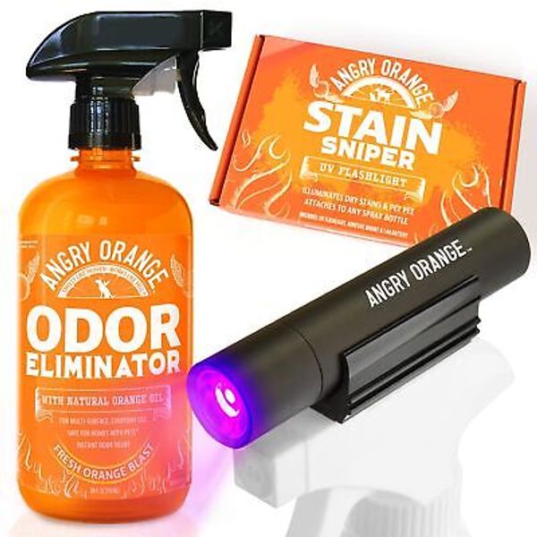 ORANGE Pet Odor Eliminator Strong Citrus Deodorizer 24 Fl Oz + UV Flashlight)