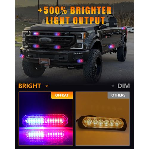 OFFKAT Upgraded 8 PCS 12 LED Sync Feature Emergency Strobe Lights, [20 Flashing Light Patterns] Blue & Red Strobe Lights for Truck, [Can-bus Design] Ultra Slim Strobe Lights for Vehicle/Car/ATV/UTV