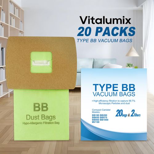 20 Pack Type BB Canister Bags Replacement Fit for Oreck XL Canister Vacuum bags PKBB12DW BB180 BB280 BB850 BB870 BB900 BB1000 MV160 with 2 Motor Filter