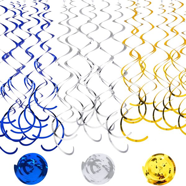 30Pc Party Swirl Decorations Foil Swirl Hanging Decoration Plastic Streamer for Ceiling 22 in Navy Party Decor (Blue,Gold and Silver)