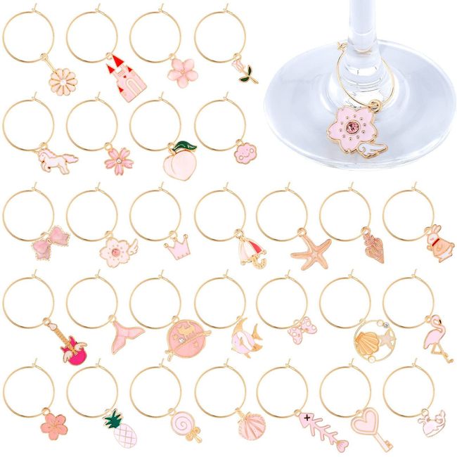 VICDUEKG 31 PCS Weinglas Anhänger Charms, Glas Identifikations Getränke Markierungen Glasmarkierung Thema Strand Getränkemarker Partydekoration für Party Weinglas Wein Cocktail Champagner (Rosa)