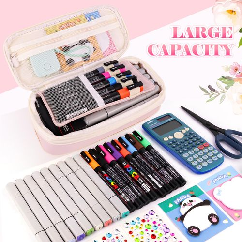 WINOWIMO Preppy Pencil Case for Girls, Cute Large Pencil Pouch, Personalized Initial Pencil Bag with Zipper for School College Office Supplies, Back to School Supplies Gifts for Teen Girls (A, Pink)