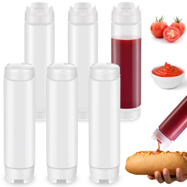 Sabary 6 Pcs 16 oz Condiment Squeeze Bottles Inverted Plastic Squeeze Bottle for Sauces Refillable Tip Large Valve Dispenser Ketchup Sour Cream Self Sealing Syrup Dispenser for Restaurants (White)