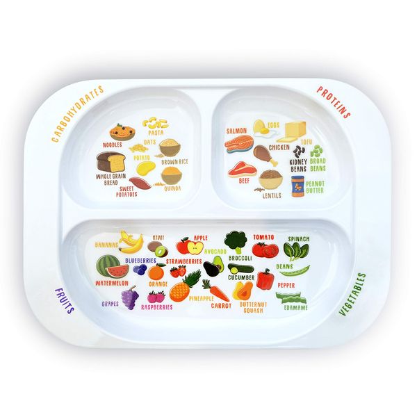 j&m Kid’s Healthy Learning Plate | Divided Portion Control for Toddlers & Children | Learn Nutrition & Food Groups | Colourful Sections for Fussy Eaters | Child-Friendly Melamine, Dishwasher-Safe