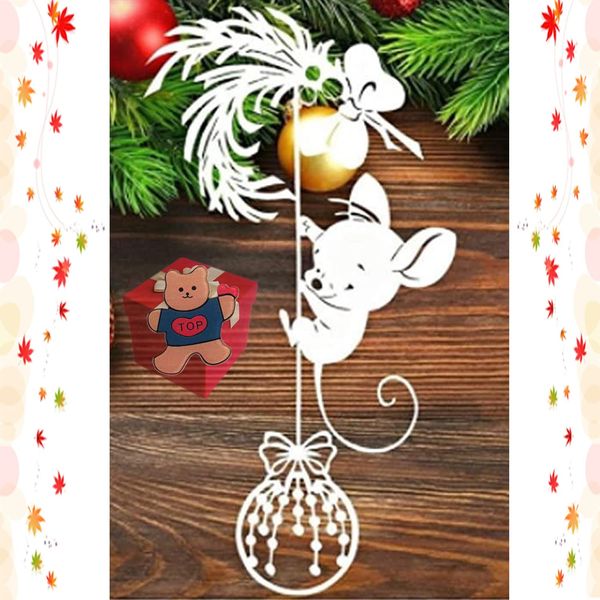 Stanzform, Feder, Schleife, Tier, Maus, Metall-Stanzformen, Weihnachtsmotiv mit kletternder Maus mit Schleife, Schablonen für DIY Scrapbooking, Fotoalbum dekorative Prägepapier