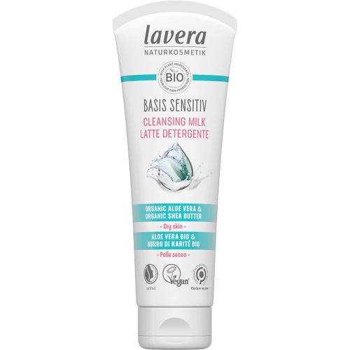 lavera Basis Sensitive Cleansing Milk - Facial Cleanser with Organic Aloe Vera & Shea Butter for Soft Skin - Make Up Remover - Face Wash - PETA Certified - Vegan - Made in Germany - 4.3 Fl Oz
