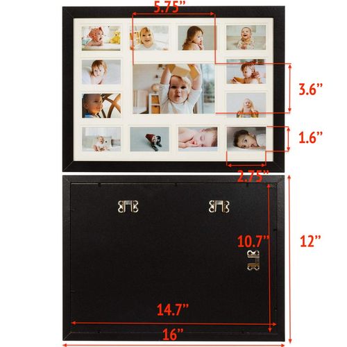 WOOD SIDE ORBIS 13 Opening Collage Picture Frame with Double White Mat - Displays One 4x6 and Twelve 2x3 - Wall Mounting, Landscape, Portrait - Black