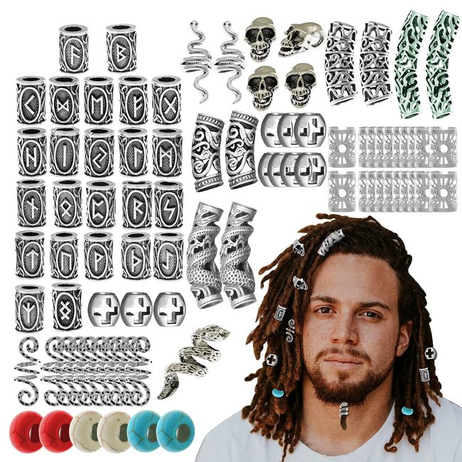 85Pcs Viking Norse Rune Beard Beads Ring Hair Braids Dreadlock Dreads Skull Snake Wolf Cross Turquoise Filigree Cuff Pirate Accessories Clips Pins Tube Locs Hair Extension Jewelry Vintage Silver