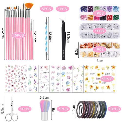 89 Pezzi Nail Art Design Set, Set Di Pennelli per Nail Art e Decorazioni, 15 Nail Art Pennelli, 5 Dotting Pen, Foglia d'Oro per Nail Art, Paillettes, Strumenti per Nail Art e Set di Decorazioni