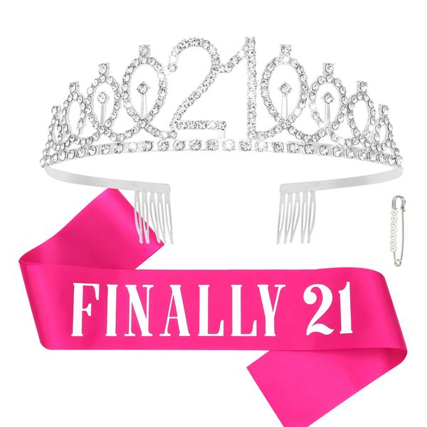 CAVETEE Silver Finally 21 Birthday Sash and Crown for Women 21st Birthday Crown and Sash Set Silver Birthday Queen Tiara and Sash for Girl Women