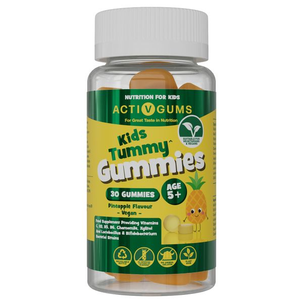 Kids Tummy 30 Vegan Gummies. Pineapple Flavour. for Digestion and Gut Health. with Vitamins C, B3, B5, B6, Chamomile 2000mg, 2.25 Billion CFU Probiotics, Xyiltol. for Ages 5+ by ActivGums®