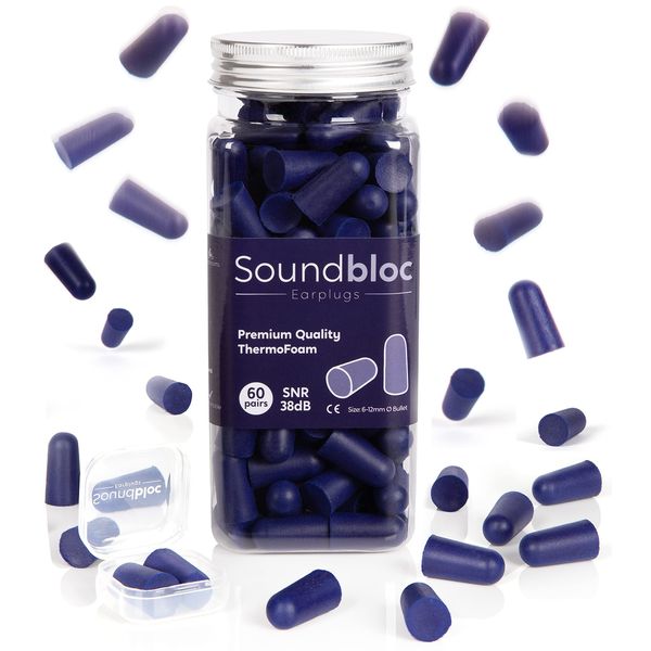 Soundbloc™ Thermo Foam Earplugs - 60 Pairs - 38dB - High Noise Cancelling Ear Plug, Foam Ear Plugs for Sleeping, Travelling, Working, Protection, Motorsports Size M/L