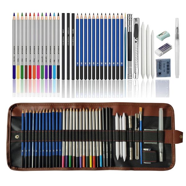 HOTCOLOR Drawing Pencils 38pcs Art Supplies Sketching Pencil Set with Graphite Pencils,Watercolor Pencils with Brushes,Charcoal Pencils for Artists Kids Beginners