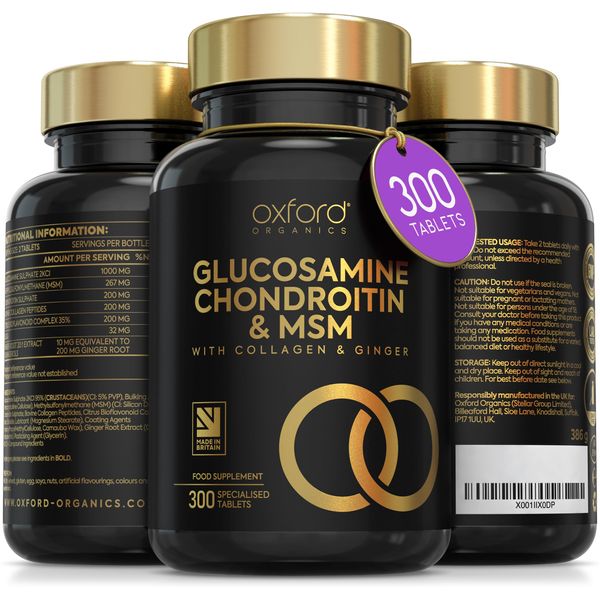 Glucosamine and Chondroitin MSM Tablets High Strength | 300 Glucosamine Sulphate Tablets - with Collagen, Citrus Bioflavonoid and Ginger Root Extract | Glucosamine Tablets Men and Women Made in the UK