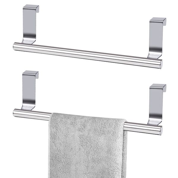 2 Pcs Stainless Steel Towel Holder, Over Door Towel Rail with Protective Strip, Towel Bar Holder, Silver Dish Towel rack for Kitchen Bathroom Cupboards Drawer, 23.5cm(Combination 1)