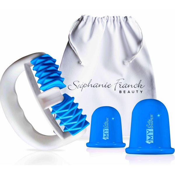 Stephanie Franck Beauty Massagegeräte Set - mit 1 My Body Shaper Body Roller, 2 Saugglocken My Cellu Shaper (5,5 cm + 7 cm) + 1 Baumwoll-Säckchen (himmelblau)