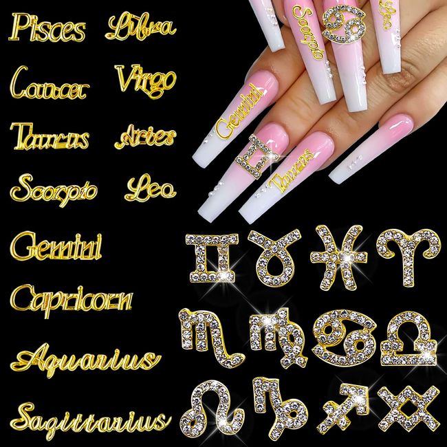 JERCLITY 24 Pieces Gold Alloy Zodiac Nail Charms 12pcs Zodiac Signs Nail Studs 12pcs Constellation Words Nail Charms Twelve Constellation Nail Charms for Women Girls Nail Art