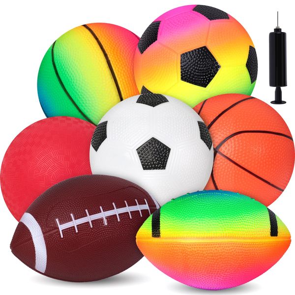 Shindel 7PCS Sports Balls for Kids, Sport Ball Toy with Pump Playground Balls Football 5 Inch Soccer Ball Basketball for Toddlers Indoor & Outdoor Play