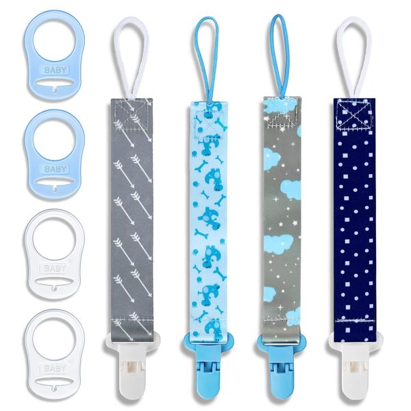 ZUOQIANG 4 Pack Dummy Clip, Pacifier Holders Leashes Set ，Pacifier Holder Clips for Teether Toy, Dummy Strap Clip Universal Design Fit All Pacifiers Teething Toys,Gift（Blue+White）