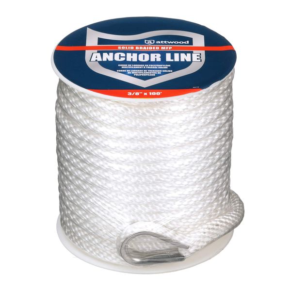 Attwood 11724-1 Solid Braid Multifilament Polypropylene Anchor Line with Thimble 3/8-Inch x 100-Feet, White