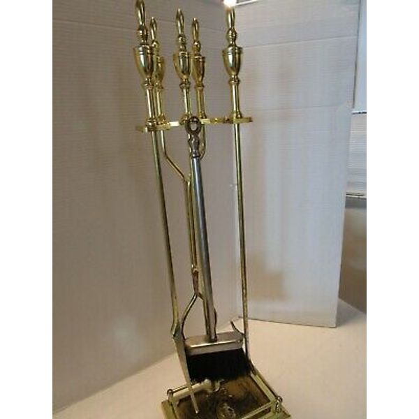 vintage Metal gold Finish 5 PC set lot  FIREPLACE TOOLS  stand ORNATE BASE retro