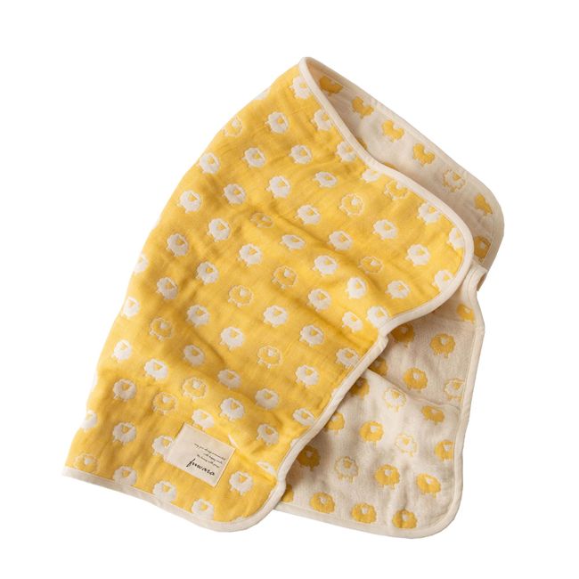 fuwara 6-ply woven gauze gauze blanket for going out, Approx. 19.7 x 27.6 inches (50 x 70 cm), Made in Japan (Sheep/Citron Yellow)