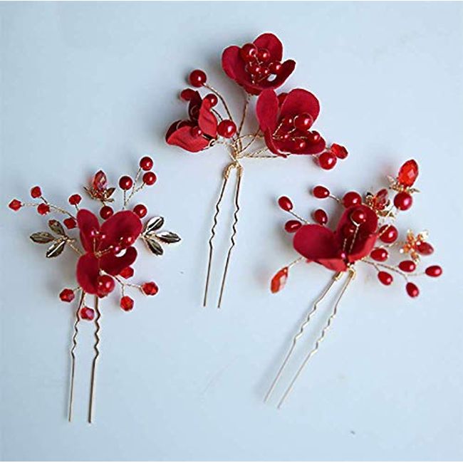 Chargances Wedding Bride Floral Red Headband Crystal Gold Hair Vine with  Pearl Rhinestone Hair Accessory Boho Delicate Hair Piece Jewelry for Women