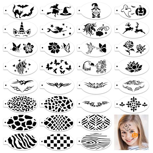 OOTSR 30 Pieces Face Paint Stencils Kit for Kids Adult, Body Painting Template for Party Holiday Halloween Makeup Art Painting, Reusable Soft Tattoo Stencils for Children