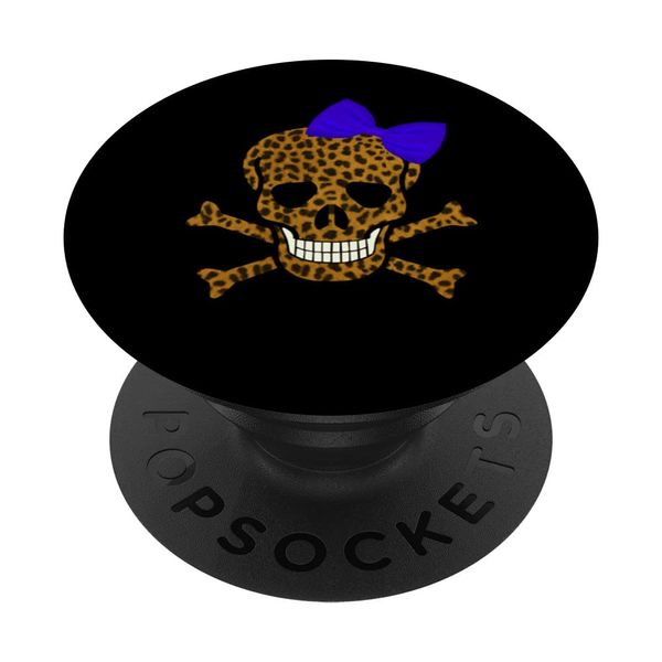 Chic Leopard Print Pirate Skull And Crossbones Blue Bow PopSockets Swappable PopGrip