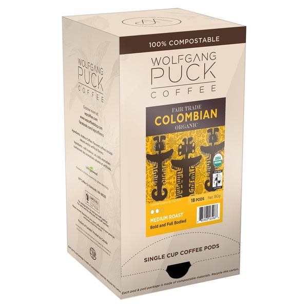 Wolfgang Puck Coffee, Colombian Organic Fair Trade, 9.5 Gram Soft Pod, 18 Count (Pack of 6)