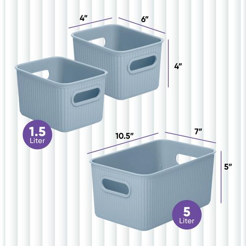 Decorative Plastic Open Home Storage Bins Organizer Baskets, Blue (Set of 3) 1 Medium, 2 Small - Container Boxes for Organizing Closet Shelves Drawer Shelf - Ribbed Collection