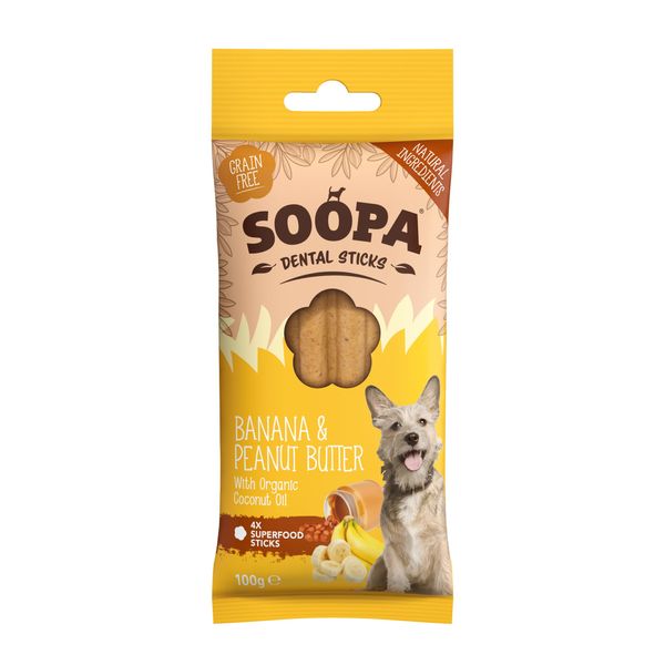 Soopa Grain Free Banana and Peanut Butter Dental Dog Treats, 4 Sticks,100 g (Pack of 1)