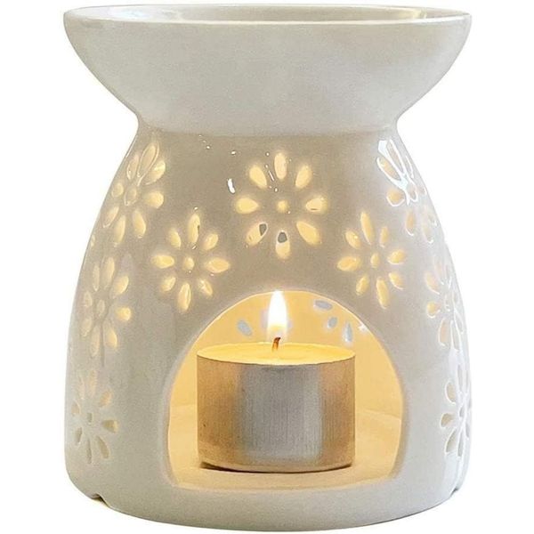 Yobuisg Creative Ceramic Essential Oil Burner White Glaze Hollow Petal Design Wax Melting Burner