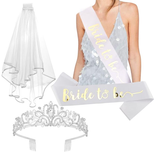 CIEHER Crystal Crown + Bride To Be Sash + Veil Set, Bachelorette Party Bridal Shower Decorations Bride To Be Gifts Wedding Veil Tiara Bachelorette Veil Bridal Shower for Bride Sash Bachelorette Sash